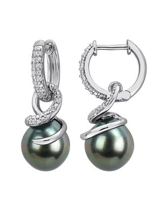 Rina Limor Silver 0.10 Ct. Tw. Diamond & 9-10Mm Pearl Hoop Earrings