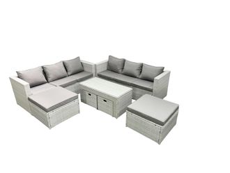 Fimous Rattan Garden Furniture Set Outdoor Lounger Sofa with Coffee Table 4 Footstools Light Grey Mixed 10 Seater