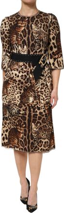 Dolce & Gabbana Brown Leopard Print Belted A-line Midi Womens Dress (Pre-Owned)