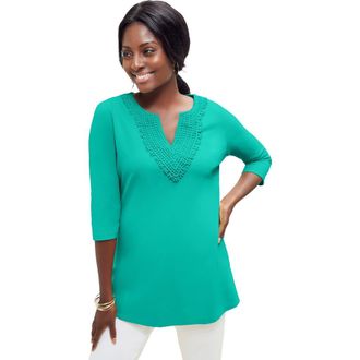 Jessica London Stretch Cotton Crochet Notch Neck Tunic in Aqua Sea at Nordstrom, Size Medium