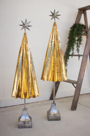 Kalalou Set Of Two Folded Gold Metal Trees With Silver Star