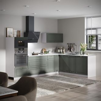Vicco Cucina Angolare Completa Fame-line, Verde-oro Rustico/bianco, 287 X 207 Cm, Pl Rovere, Vicco