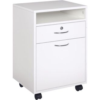 HOMCOM Homcom - Cajonera para Oficina con Caj&oacute;n Cerradura Estante Abierto Armario Ruedas Blanco