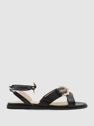 Camilla Elphick Sandals Leather Pearl Buckle, Black Size: 5