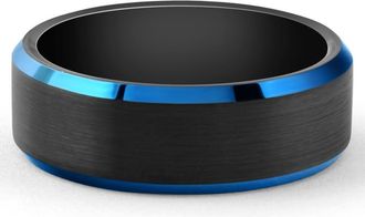 Pompeii3 Mens Brushed Black Tungsten Ring Blue Polished Beveled Edge 8mm Wedding Band