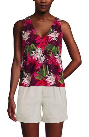 Lands End Lightweight Jersey Blouson Vneck Tank in Hot Pink Tropical Palm at Nordstrom, Size X-Small P