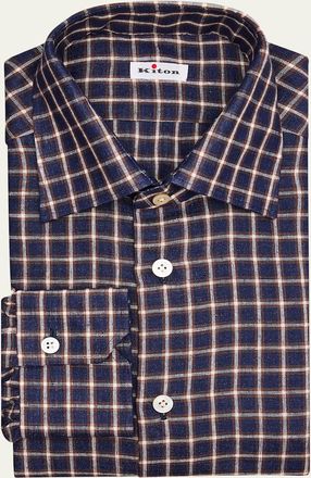 Kiton Mens Linen-Blend Windowpane Plaid Dress Shirt