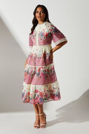 Coast Organza Floral Tiered Lace Trim Midi Dress