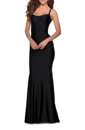 La Femme Form Fitting Prom Dress with Dramatic Lace Up Back in Black at Nordstrom, Size 12