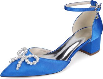 Generic Women Satin Bridal Shoes Pointed Toe Low Chunky Heels Pearls Pumps Wedding Shoes Evening Party Dress Shoes 4.5Cm,Royal Blue,10 UK