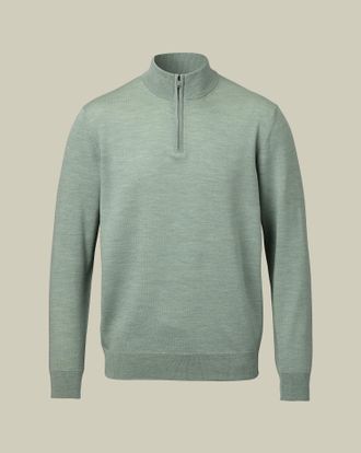 CHARLES TYRWHITT Pure Merino Zip Neck Wool Jumper - Pale Teal Size Large by Charles Tyrwhitt