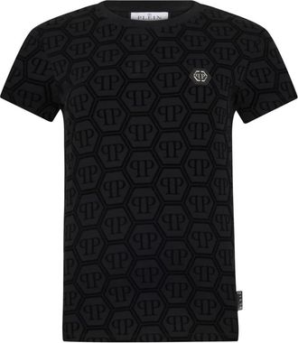 Philipp Plein Pure Fit T-Shirt Jacquard Monogram - Dames - T-shirts - Zwart - L - Polyester - Tops