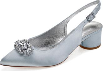 Generic Wedding Shoes Womens Low Heels Pointed Toe Bridal Heels Comfortable Satin Chunky Heels Prom Party Dress Shoes 4.5Cm,Silver,4 UK
