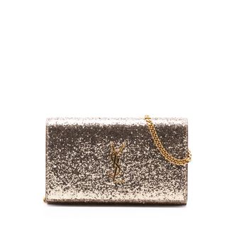 Saint Laurent Pre-owned Womens Glitter Monogram Kate Wallet On Chain - Tan Textile - One Size