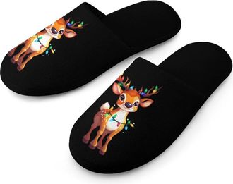 Generic Cute Christmas Deer Mens Flannel Slipper Soft Non Slip House Shoes Comfy Winter Warm Indoor Outdoor Slippers