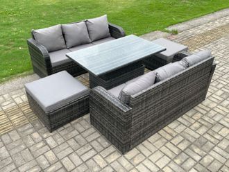Fimous Outdoor Rattan Garden Furniture Sets Height Adjustable Rising lifting Dining Table Sofa Set with 2 Big Footstool in Dark Grey