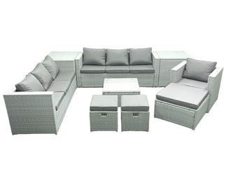 Fimous Wicker PE Rattan Sofa Garden Furniture Set with Armchair Square Coffee Table 3 Footstools 2 Side Tables Light Grey Mixed