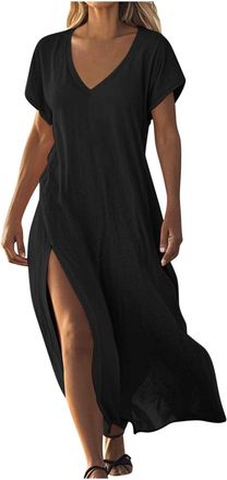 Generic Linen Dresses for Women UK Short Sleeve V Neck Side Slit Maxi Dress Elegant Ladies Summer Dress Casual Loose Beach Long Dresses Boho Cotton Linen A Li