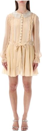 Self Portrait Pliss&eacute; Georgette Jurk met Versierde Kraag - Dames - Feestkleedjes - Beige - S - Leer - Kleedjes