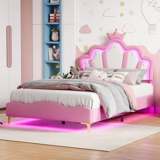 OEM Lit Enfant - Princesa Corona Nube - Cabecero De Terciopelo Rosa Con Led Rgb - Somier De Lamas Silencioso - Carga 300 Kg