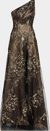 Rene Ruiz Metallic Floral Tulle One-Shoulder Gown