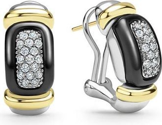 Lagos Black Ceramic Diamond Huggie Earrings in Two Tone at Nordstrom