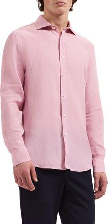 Bugatchi Axel Shaped Fit Linen Button-Up Shirt in Pink at Nordstrom, Size Xxx-Large