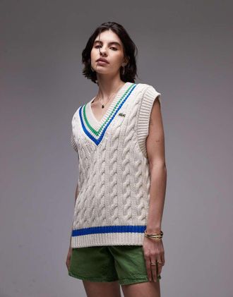Lacoste Gilet oversize stile cricket in maglia color bianco sporco