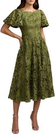 Mac Duggal Floral Lace Flutter Sleeve Midi Dress in Olive at Nordstrom, Size 16