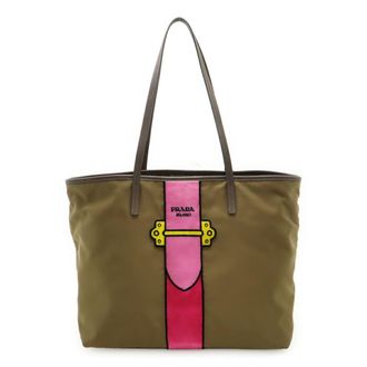 Prada Khaki Pink Nylon Leather Shoulder Bag Tote Bag (Pre-Owned)