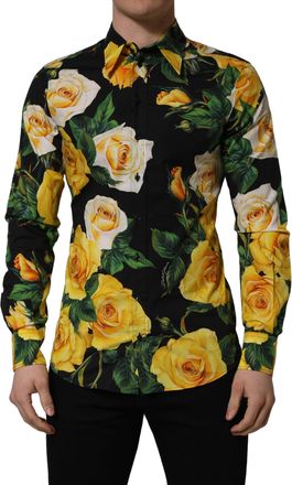 Dolce & Gabbana Mens Black Floral Stretch Cotton Sicilia Fit Dress Shirt Elastane