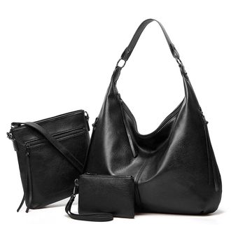Generic Hobo Bags for Women Soft PU Leather Slouchy Bag Shoulder Purse with Zipper, Black Three-piece Suit, One Size