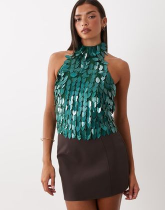 Asos top allacciato al collo con applicazioni a foglia verde