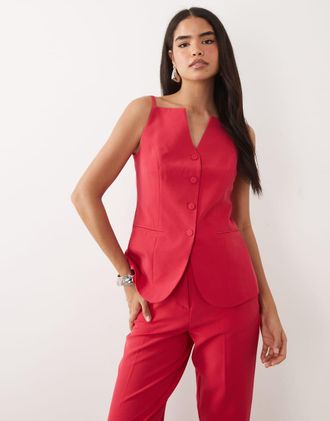 Vila Gilet sartoriale strutturato con scollo squadrato rosa acceso in coordinato-Rosso