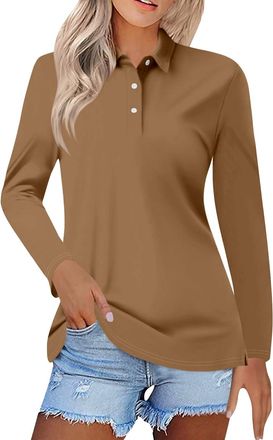 Generic Womens Long Sleeve Polo Shirts Multi-Colours Work Wear Tops Lady-Fit Classic Solid Cotton Pique Golf Shirts UPF 50+ Sun Protection T-Shirt Quick Dry M