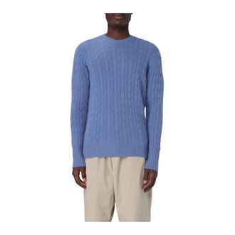 Drumohr Cashmere Knitwear, male, Blue, Size: XL Cable Knit Crew Neck Sweater