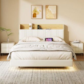 OEM Cama 140x190 Cm - Cama Flotante 140x190 Cm Con Led Y Puertos Usb - 2 Personas - Cabecero Con Almacenamiento - Somier Incluido - Blanco