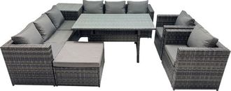 Fimous Fimous Outdoor Corner Sofa Chair Dining Table Set Garden Rattan Furniture Set 9 Seater with Side Table Big Stool Dark Grey