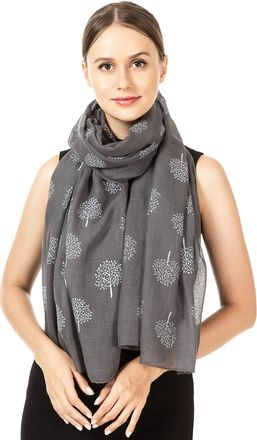 World of Shawls Mulberry Tree Scarf Shawl Wrap Soft Warm (Charcoal Grey With White Tree)