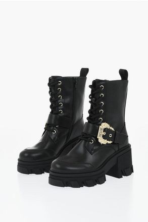 Versace JEANS COUTURE Eco-Leather Combat Boots with Jewel Buckle size 36
