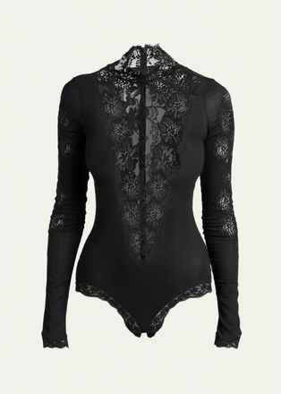 Valentino Garavani Turtleneck Lace & Jersey Long-Sleeve Bodysuit