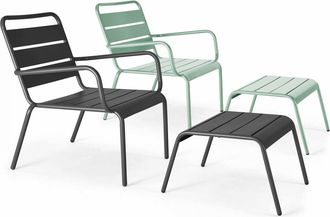 Oviala Lote de 2 sillones con reposapi&eacute;s de metal gris y verde salvia