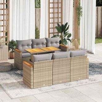 vidaXL Set Sof&aacute;s Jard&iacute;n Y Cojines 7 Pzas Rat&aacute;n Sint&eacute;tico Acacia Beige Vidaxl
