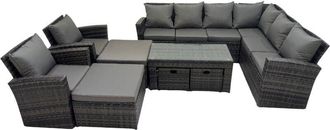 Fimous Rattan Garden Furniture Set 9 Pieces Outdoor Garden Sofa Oblong Coffee Table Set with Chair 4 Footstools Dark Grey Mixed - Fimous