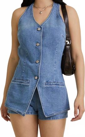 Le Lis Blanc Deux Vest-Style Romper With Micro Shorts In Denim