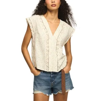 Lucky Brand Floral Lace Inset Linen Blend Pintuck Top in Cream Ditsy at Nordstrom, Size Xx-Large