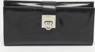 Ferragamo Black Glossy Leather Gancini Continental Wallet