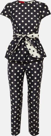 Carolina Herrera Navy Blue Polka Dot Print Cotton Top & Pants Set