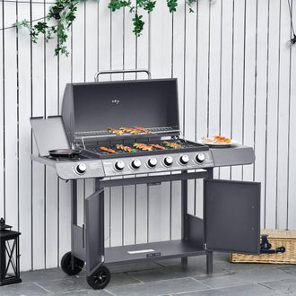 OUTSUNNY 6+1 Burner Gas BBQ Grill Garden Barbecue with Wheels Cabinet in Grey