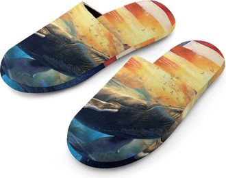 Generic Sunset U.S. Flag Ocean Mens Slippers Flannel Warm House Shoes with Rubber Anti-Slip Sole Slip On for Home Outdoor
